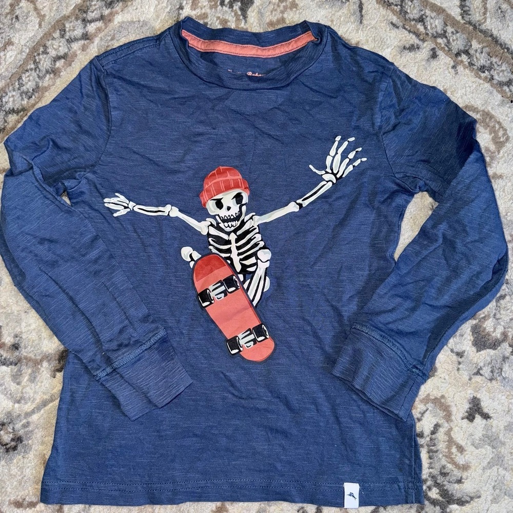 Tommy Bahama Skeleton Skateboarding Long Sleeve T-Shirt Blue Youth Size 7/8